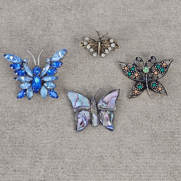 VTG lot MCM four assorted butterfly pins brooches abalone silver stones - Picture 1 of 10